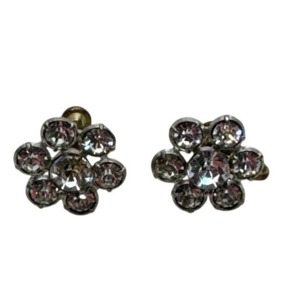 Vintage Rhinestone Silver Tone‎ Flower Shape Screw Back Earrings 1960s Retro